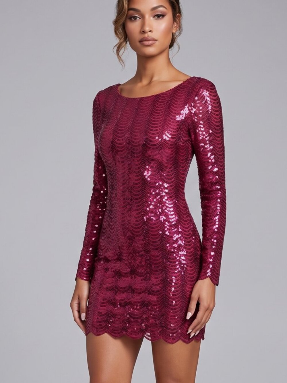 Elegant Burgundy Sequin Long Sleeve Dress - Size: S